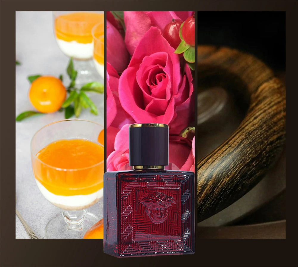 Versace men’s cologne 90ml gift set. Red square bottle with rose, citrus, and woody notes. Long-lasting luxury perfume.