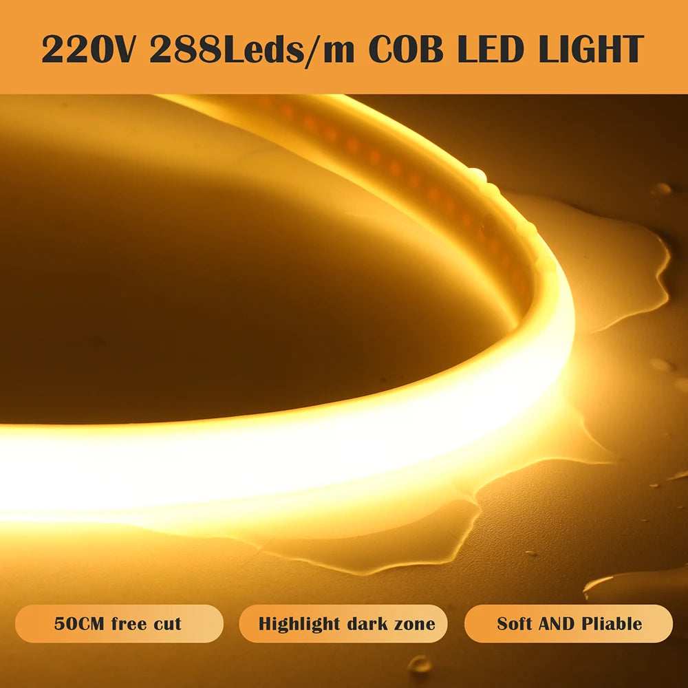 Dimmable 220V COB LED Light With Dimmer EU Power Kit Neon Strip 288Leds/M Waterproof Garden Room Home Bar Lighting Flexible Lamp