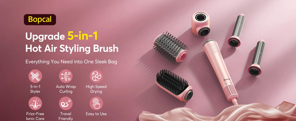 Pink 5-in-1 air wrap hair styler set with dryer, curling barrels, and brushes for frizz-free, high-speed hair styling.