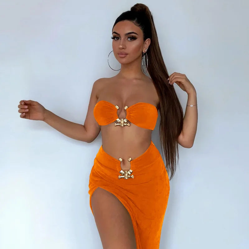 Velvet Sexy Strapless Crop Tube Top High Waist Slit Maxi Dress 2 Pcs Suits 2024 Fall Women Fashion Streetwear Vestido