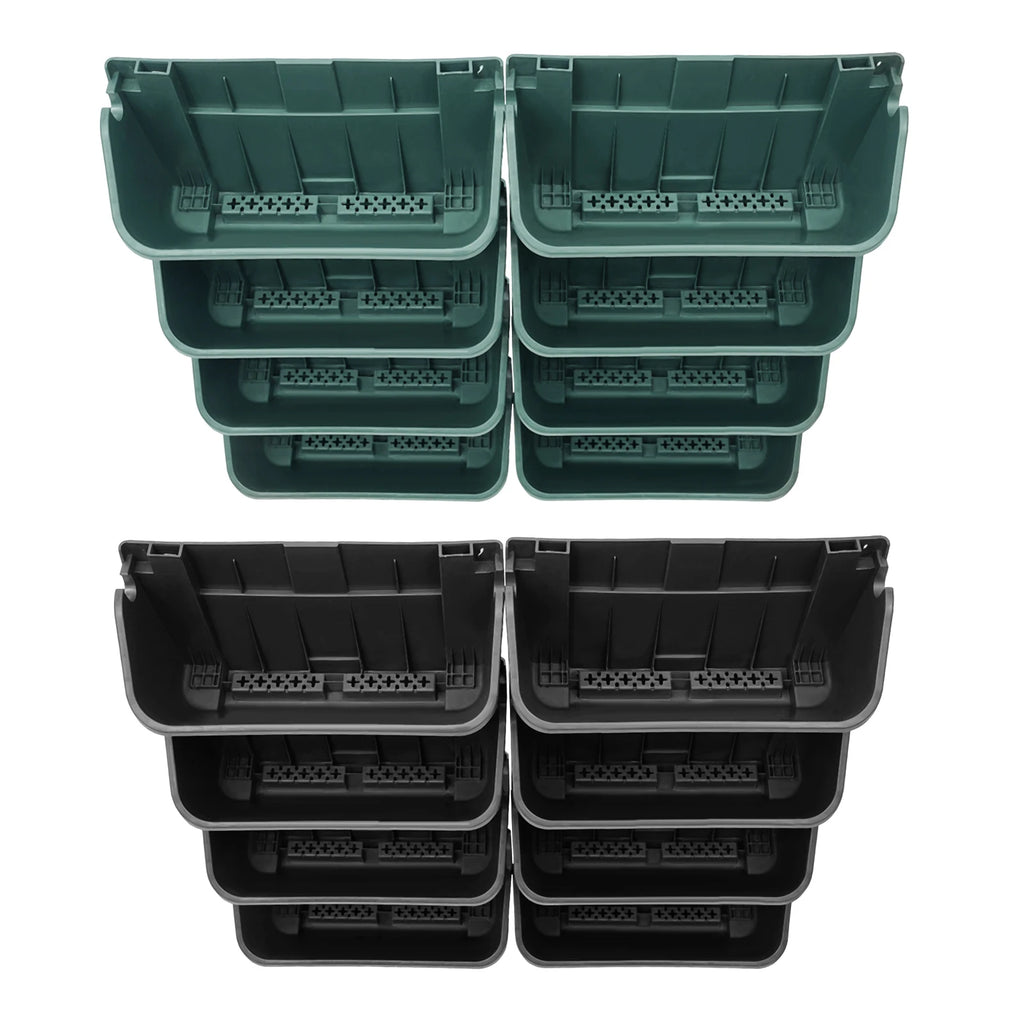 Wall-mounted vertical planter pockets shown front and back in dark green and black
