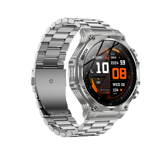 YLL-AK82 smart sleep tracker with AMOLED screen and silver metal band, side angle view of outdoor fitness watch.