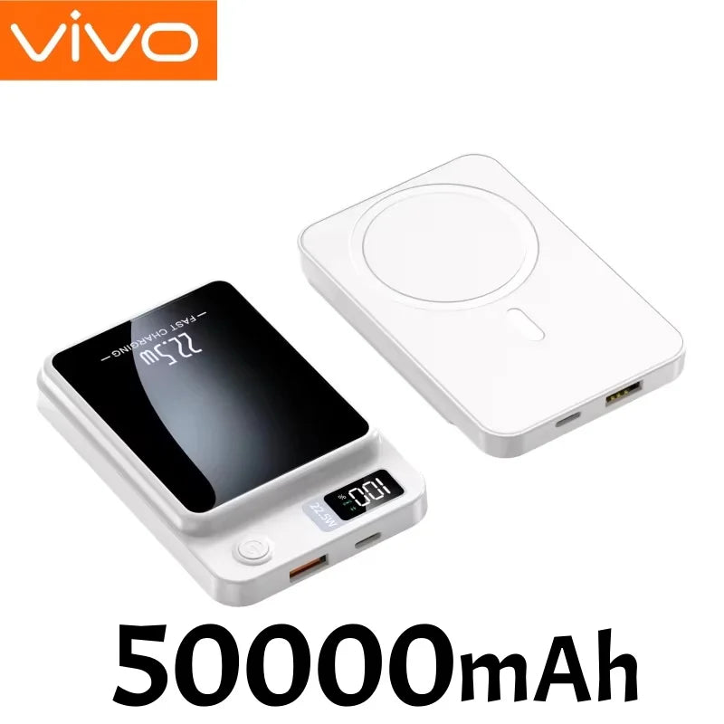 Magnetic Wireless Power Bank 50000mAh - Fast Charging USB-C Travel Battery White 50000mAh Tidesmit