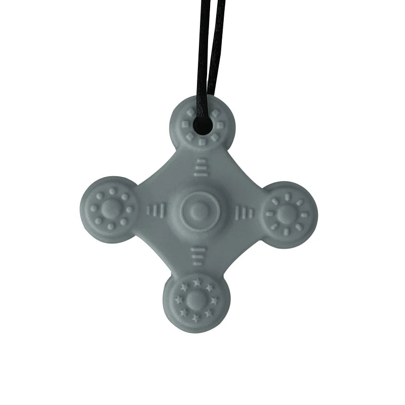 Gray silicone baby teething toy pendant for soothing teething relief.