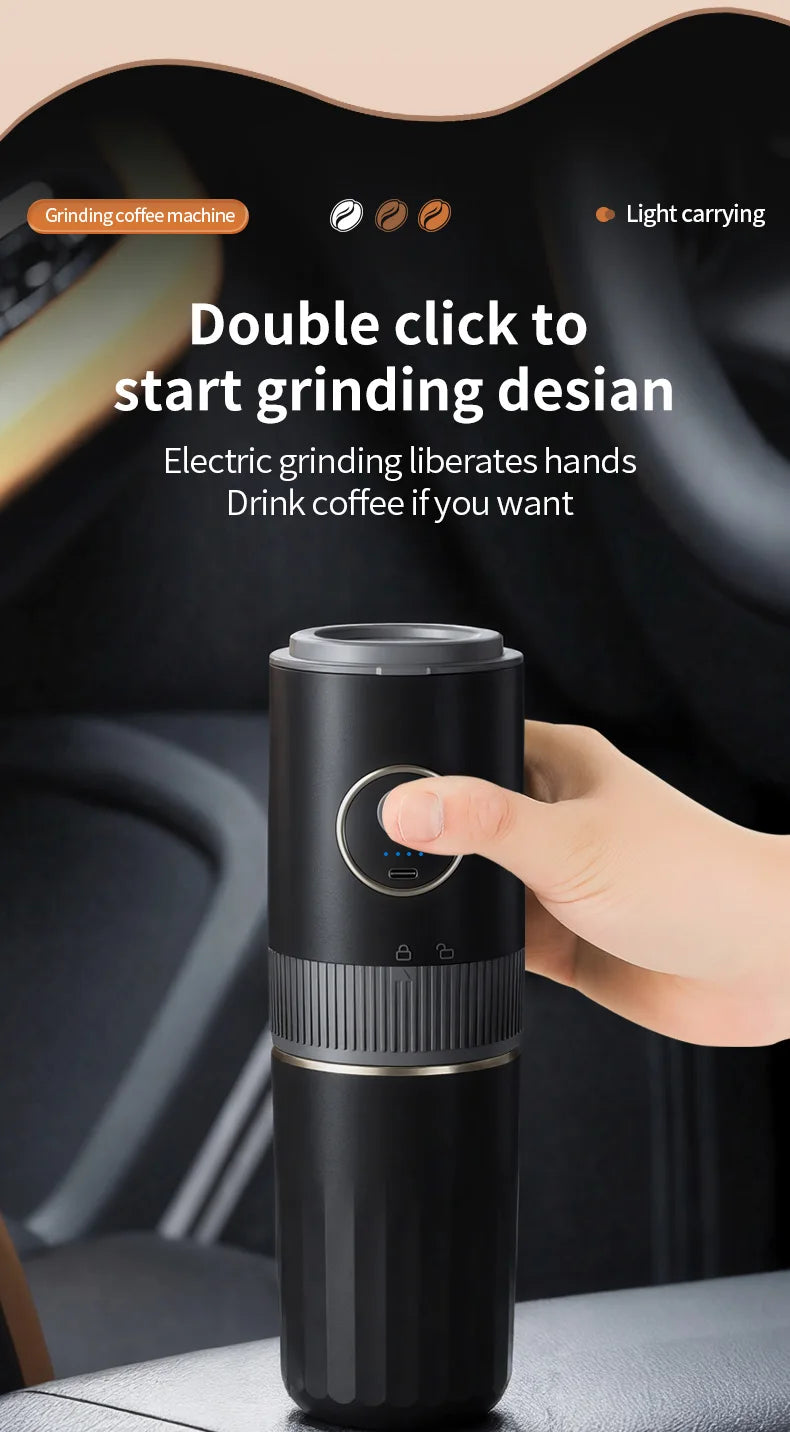 Portable black electric coffee grinder with rechargeable battery, compact design for easy travel use.