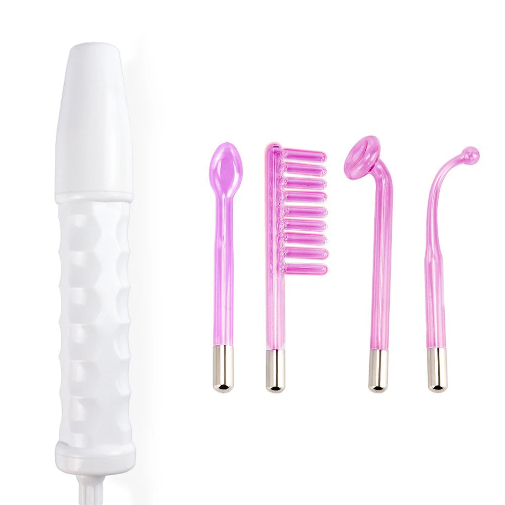 White high-frequency facial wand with four interchangeable pink-tinted glass electrode attachments.
