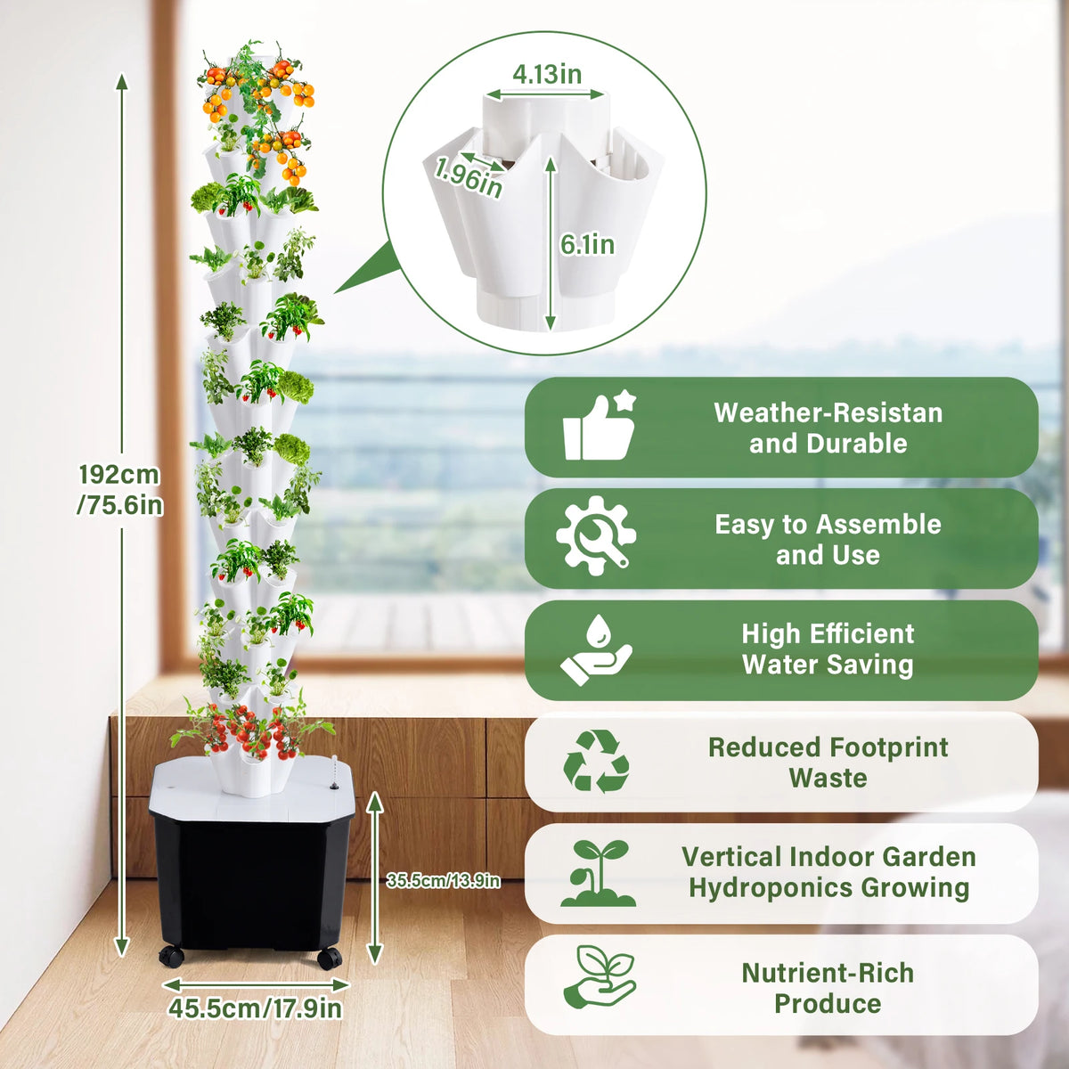 Vertical hydroponic growing tower with feature callouts and taller height measurements on a floor.