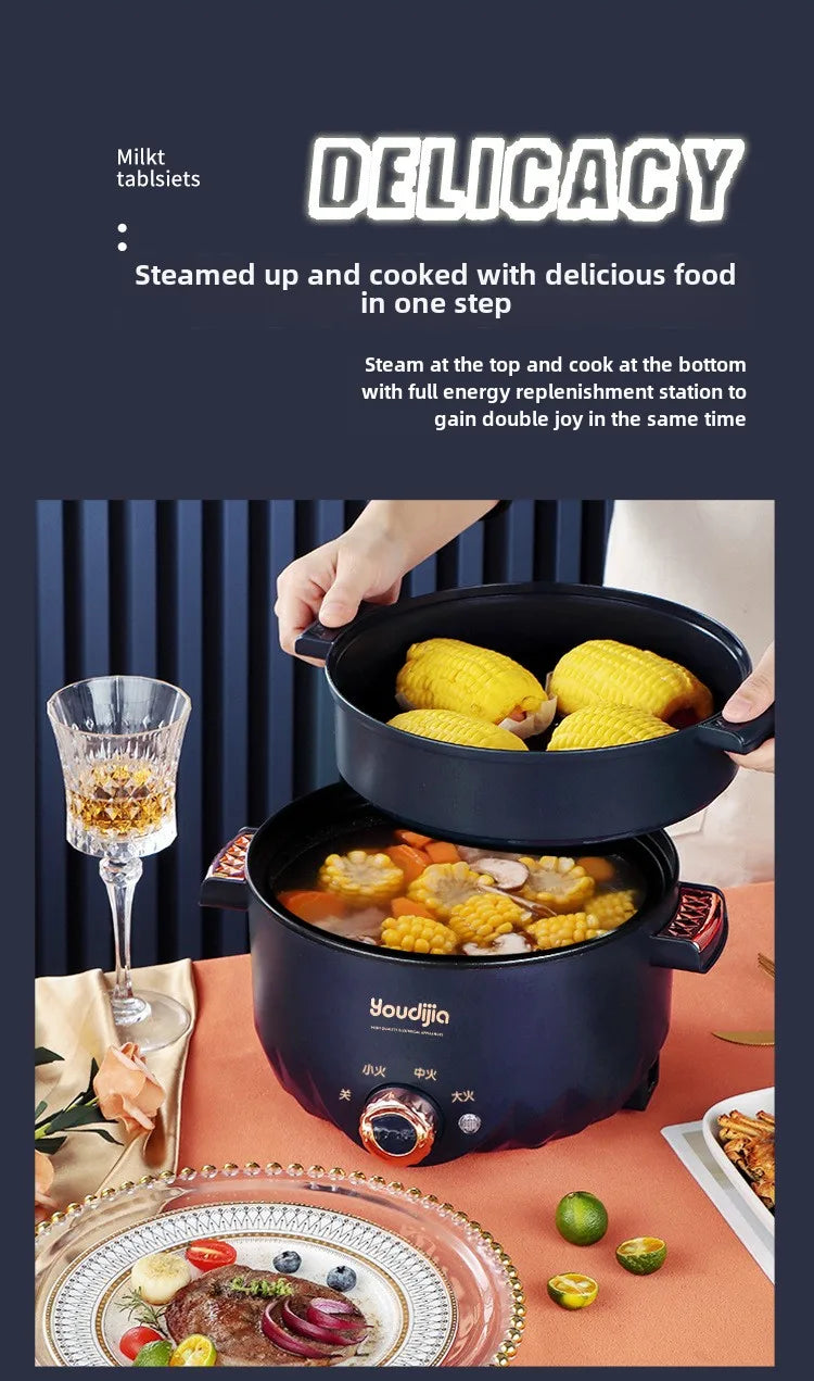 Electric hot pot multi-cooker with black nonstick inner pot and lid, front control knob