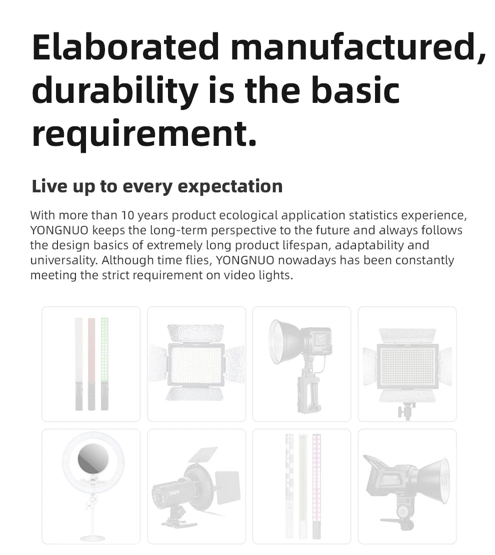 Grid of portable LED video lights, including light sticks, square panels, ring lights, and studio heads for photography.