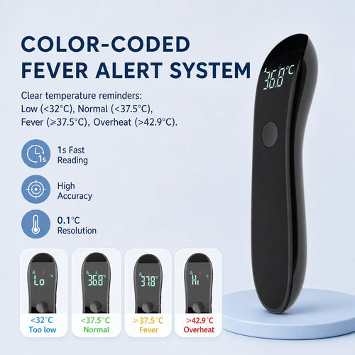 Black digital infrared baby thermometer for forehead, featuring color-coded fever alert for accurate baby health tracking.