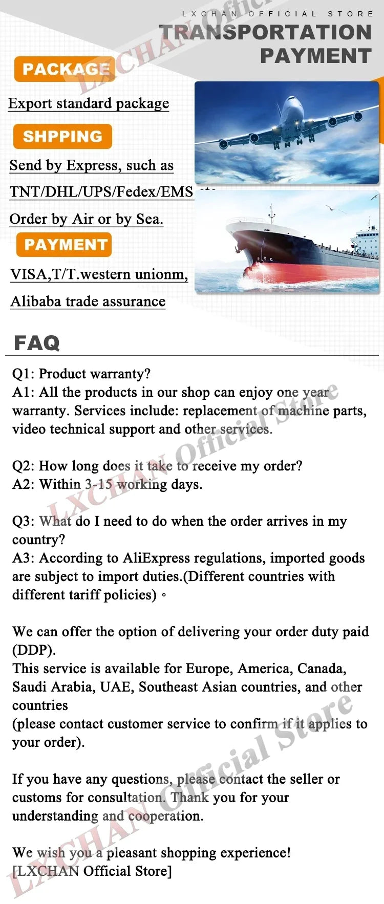 LXCHAN Official Store shipping and payment policy information page for coffee and tea maker equipment.