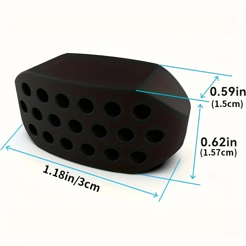 Black silicone jawline training block with holes, shown with dimension lines indicating 1.18in length and 0.62in height.