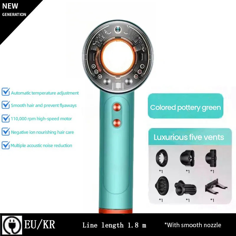 Pottery green professional high-speed hair dryer with negative ion tech, 6 styling attachments, and silent motor.