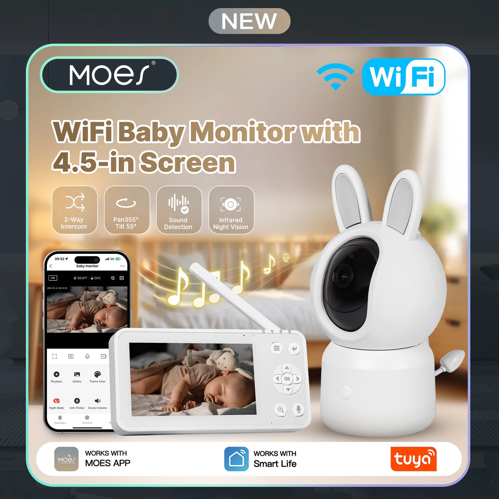 MOES Tuya WiFi Smart Baby Monitor Security Camera 4.5 Inch LCD Screen PTZ Zoom Video Surveillance Temperature Sensor
