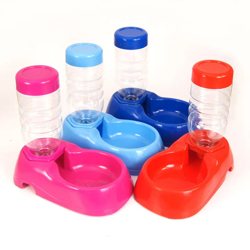 Colorful automatic pet water dispensers with plastic refillable bottles for easy dog and cat hydration.