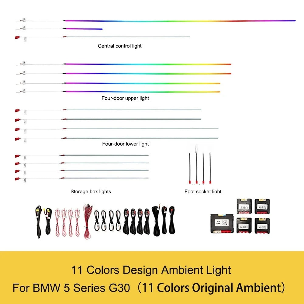 Ambient light kit parts diagram with OBD module and wiring harness color lines