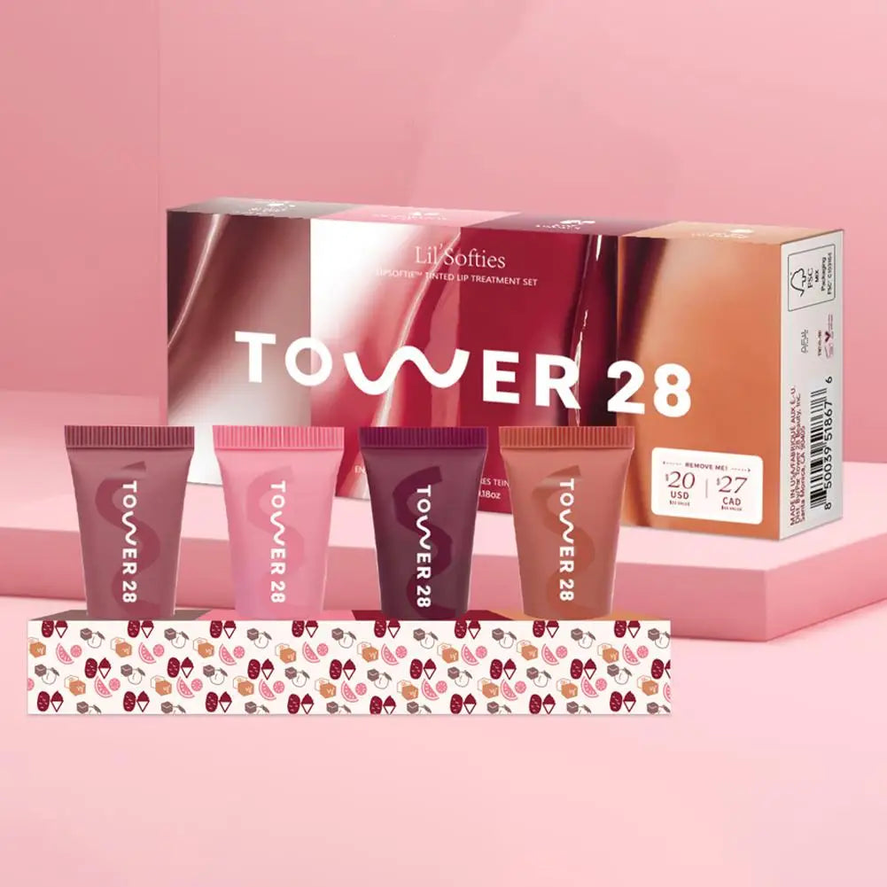 Tower 28 Lil' Softies 4-piece lip jelly set with hydrating, mirror-shine tinted lip treatment balms in various colors.