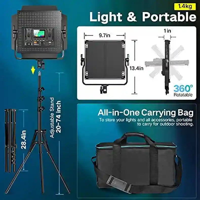 LED studio light panel with 360-degree rotation, 20-74 inch adjustable stand, and black carrying case for photography.