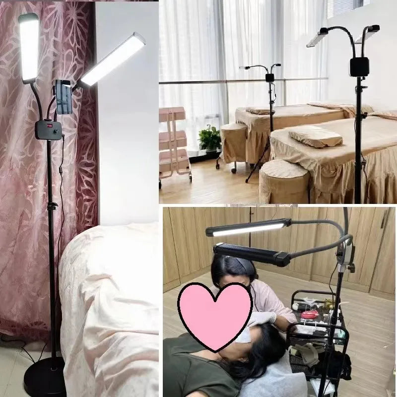 Adjustable floor lamp with two flexible arms and LED bars for beauty and lash treatments in a spa setting.