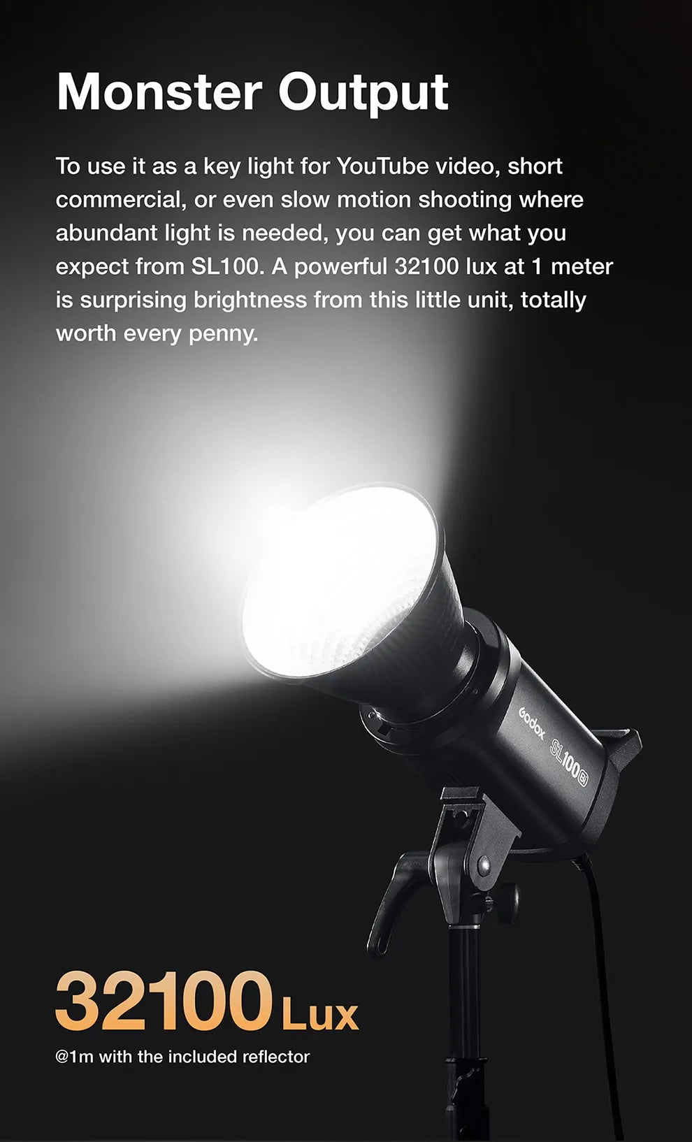 SL100Bi compact black LED studio light with a reflector bowl, mounted on a stand and emitting a bright white beam.