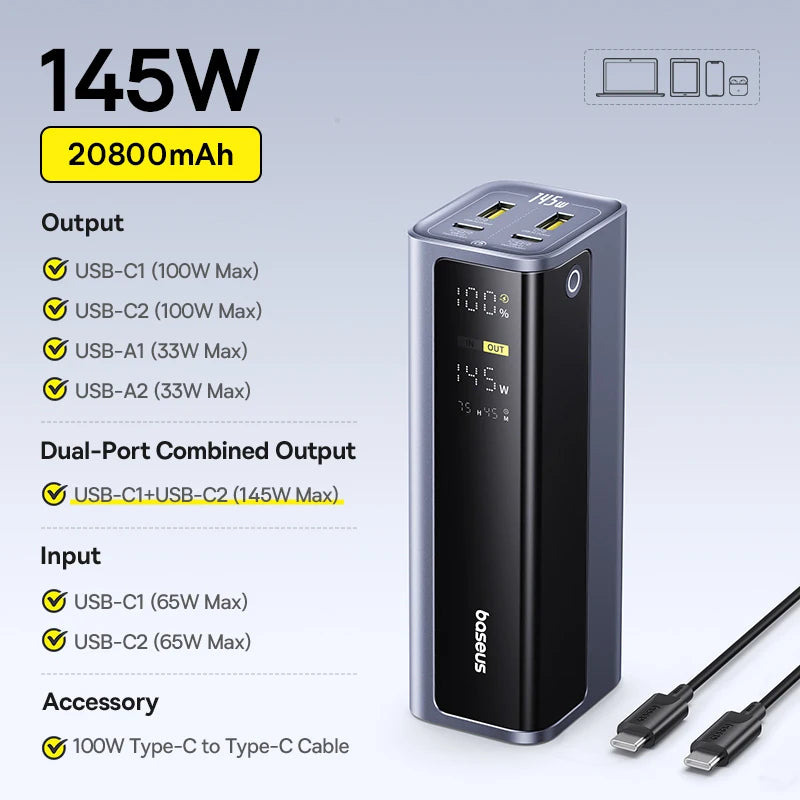 145W Fast Charging Power Bank 20800mAh Portable Laptop Charger 145W GP12 Grey 20000mah Tidesmit