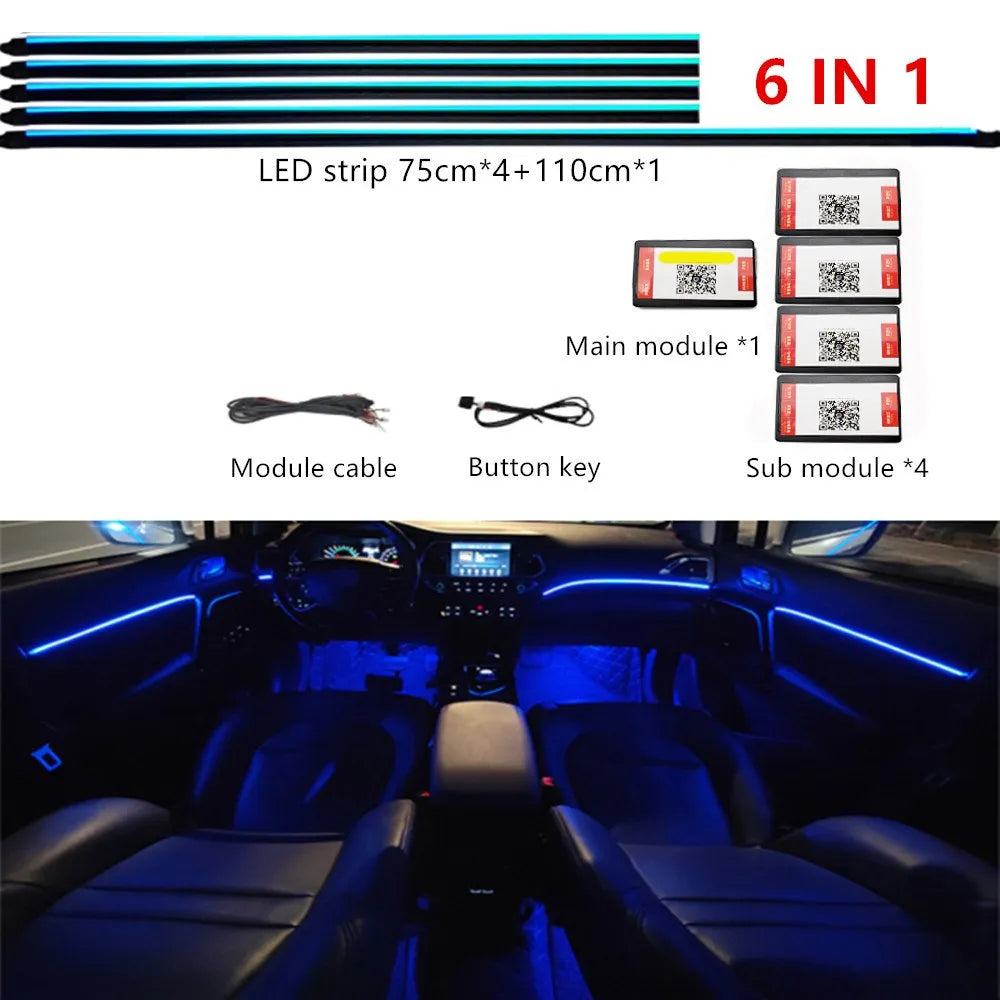 Car LED Ambient Lighting Kit – 64 RGB Color Acrylic Atmosphere RGB 6 in1 Tidesmit