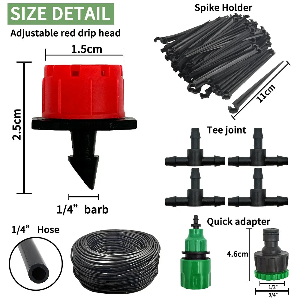 Portable micro drip irrigation kit with red adjustable drip heads, black tubing, and adapters