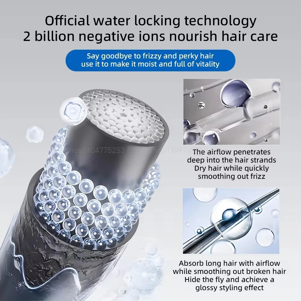 Leafless negative ion hair dryer with water-locking technology for frizz-free, glossy styling and smooth hair results.