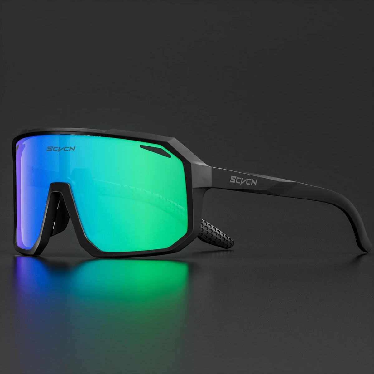 Black cycling sunglasses with green mirrored full-screen lens and side shield