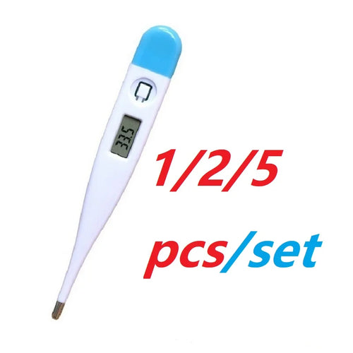 White and blue digital baby thermometer for oral, rectal, or underarm use, featuring an easy-read LCD screen.