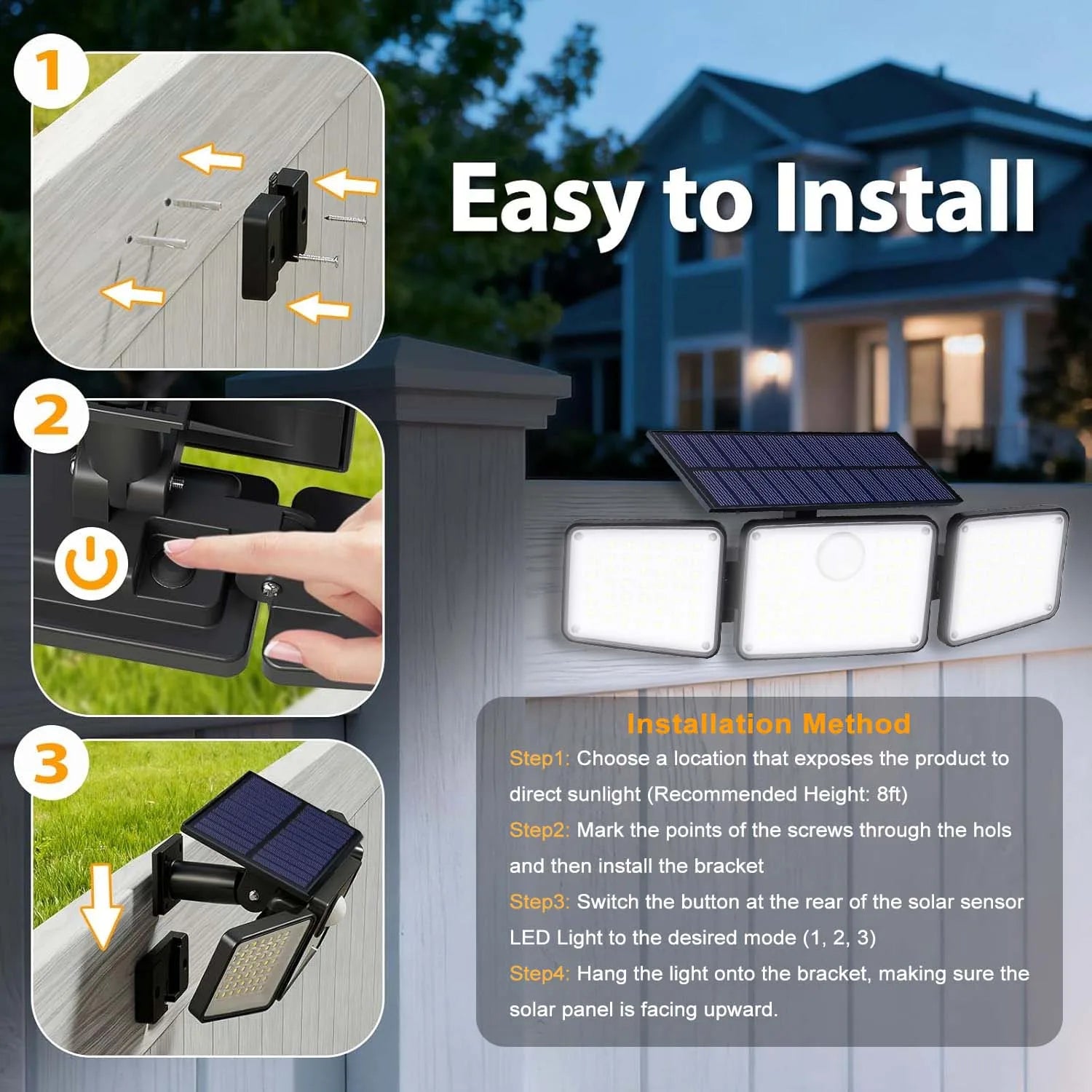 2PCS Solar Lights Outdoor Waterproof, 164LED Motion Sensor Outdoor Lights 3 Heads Security Flood Light 3 Lighting Mode for Patio