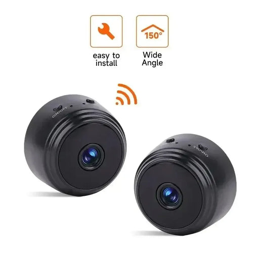 Black wireless security camera with wide-angle lens, desktop mount base