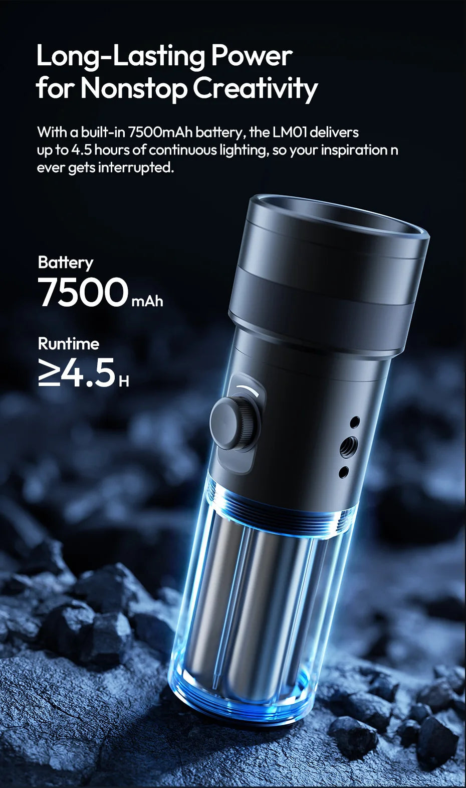 LM01 cylindrical LED video light with matte black finish, circular adjustment knob, and glowing blue battery base.