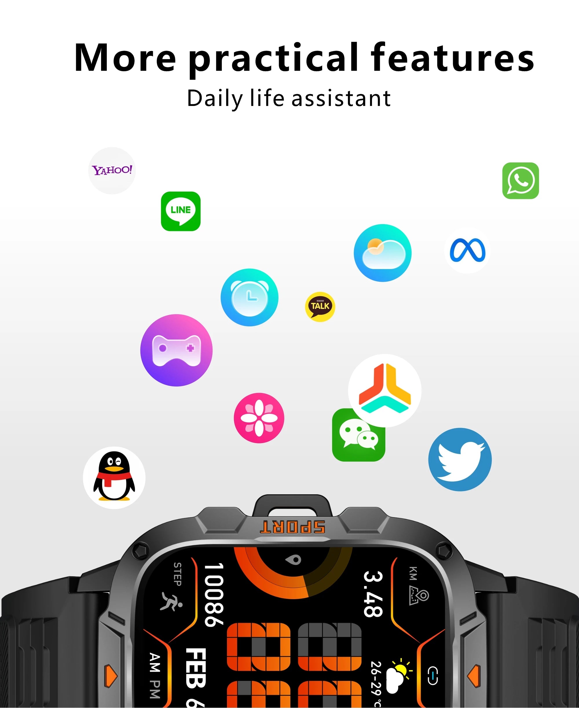 2026 New Military Grade Smart Watch Men 1.96" AMOLED Screen 5ATM Waterproof Sports Fitness Tracker BT Call Smartwatch