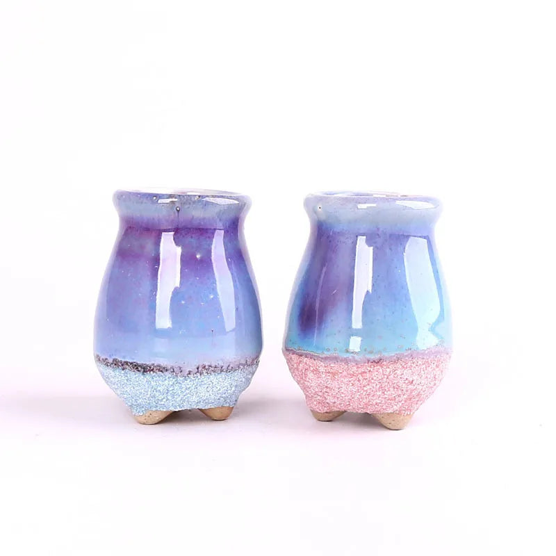 Pair of mini ice-crack ceramic succulent pots with light blue and lavender glaze