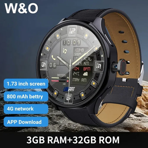 Black smartwatch with round AMOLED display and tan leather strap, showing activity metrics