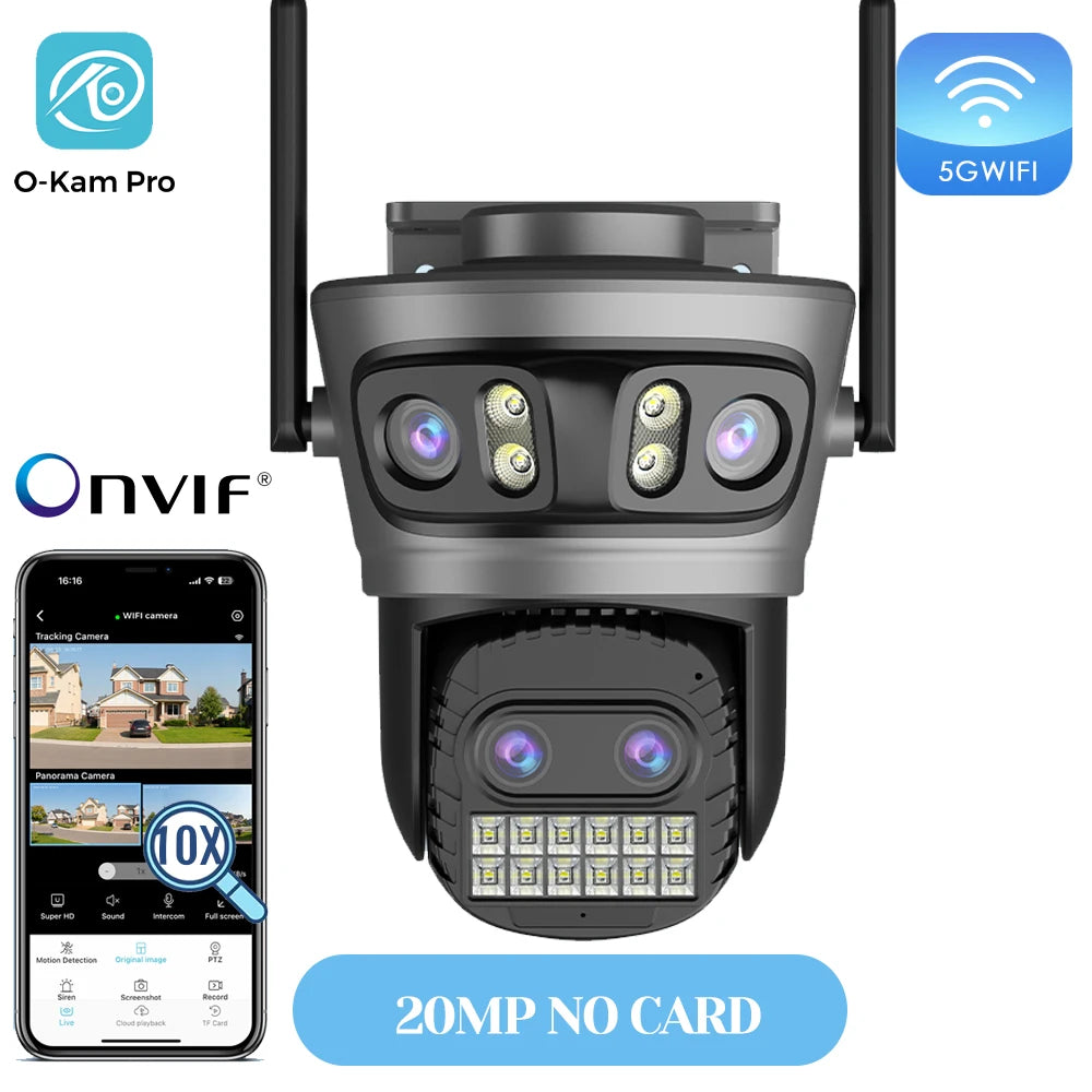 PTZ outdoor security 5G WiFi camera with dual antennas, matte black, quad-lens front, no card.
