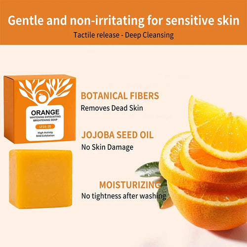 Orange whitening exfoliating soap in bright orange packaging, an anti-inflammatory botanical cleanser for sensitive skin.