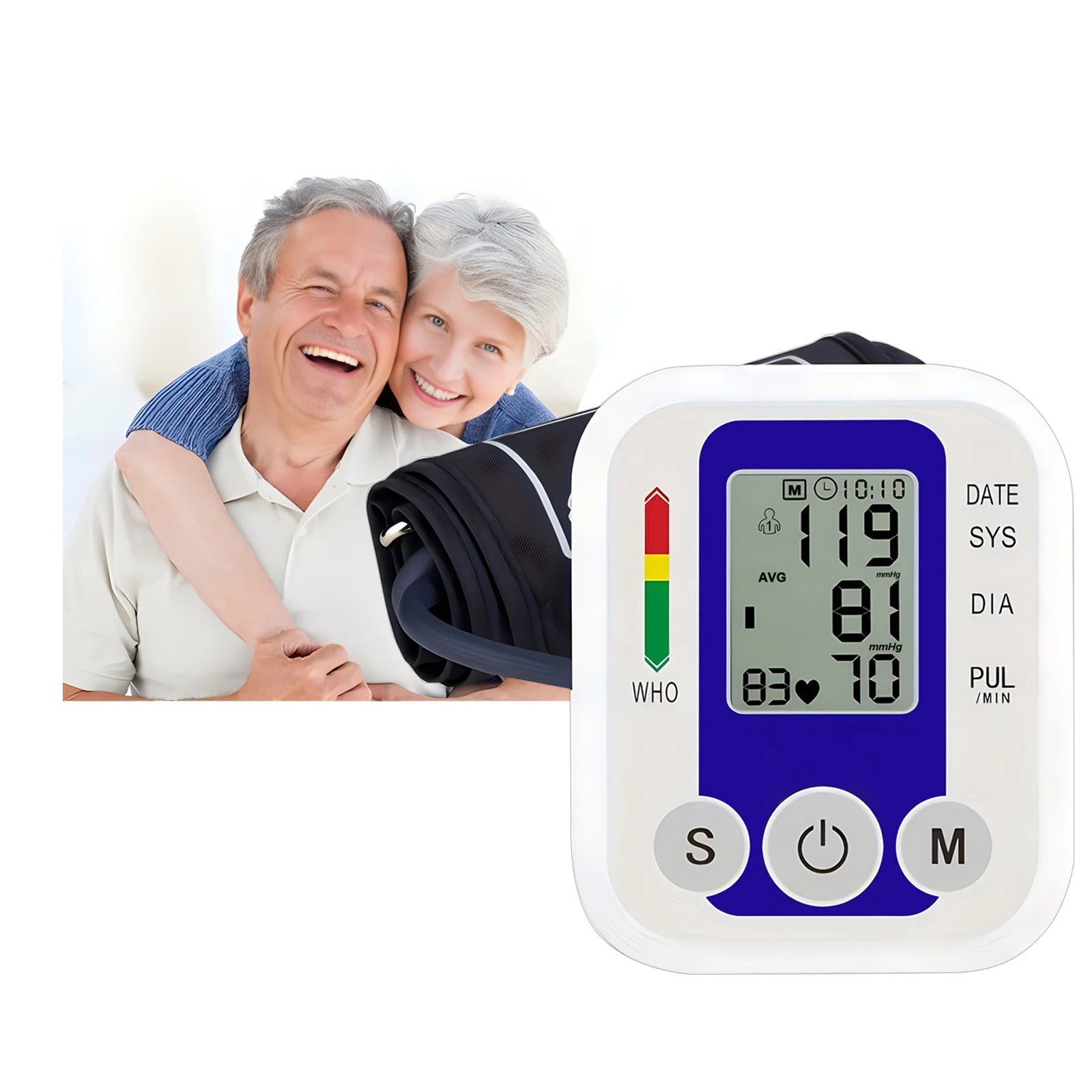 Portable Arm Blood Pressure Monitor BP Automatic Professional Medical Tonometer Digital Tensiometer Heart Rate Monitor White