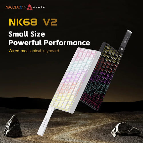 AJAZZ NK68 V2 65% wired mechanical keyboard in white and black with custom pattern keycaps and RGB lighting.