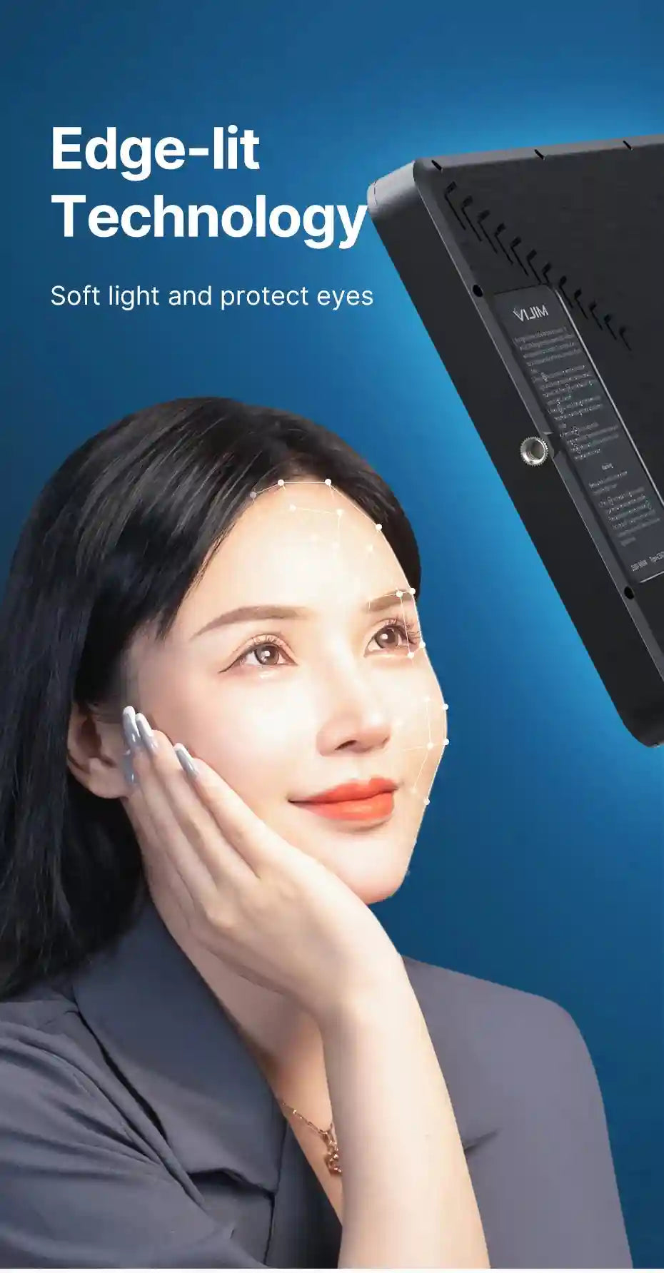 Rectangular black edge-lit LED panel used for soft facial lighting during video recording or photography.