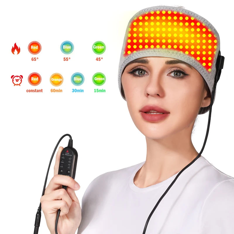 Woman wearing red light heating headband for migraine and stress relief with adjustable temperature and timer controls.