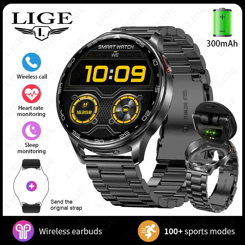 LIGE New 2-in-1 Smart Watch with TWS Bluetooth Earphones Heart Rate Blood Oxygen Monitor New Sport Fitness BT Call Music Watches