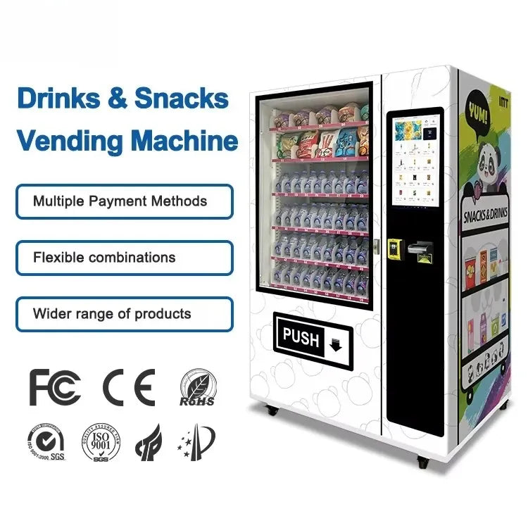 Drinks and snacks vending machine with front window, touch display, and push dispensing button