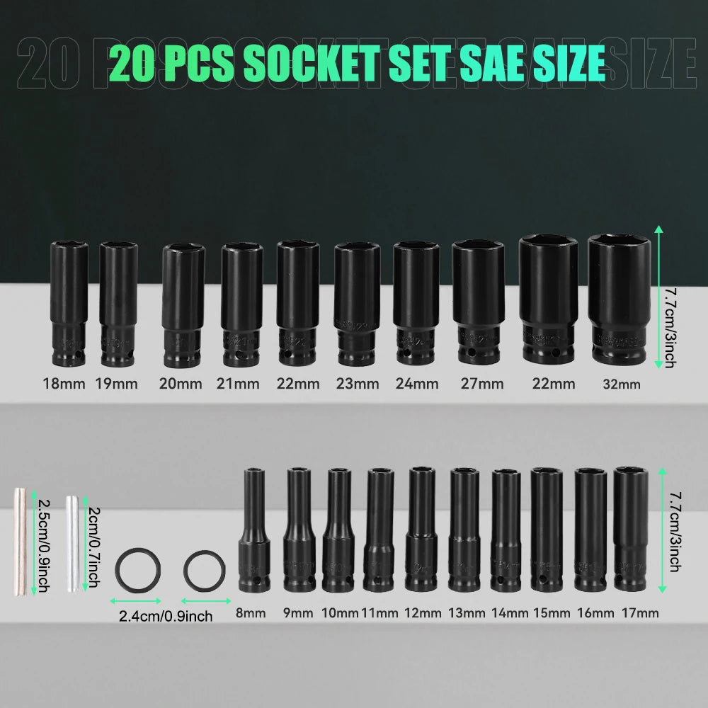 Podofo 20PCs 1/2'' Drive 6-Point Impact Socket Set 8-32mm Metric Sizes Carbon Steel  Impact Wrench Nut Set With Storage Box