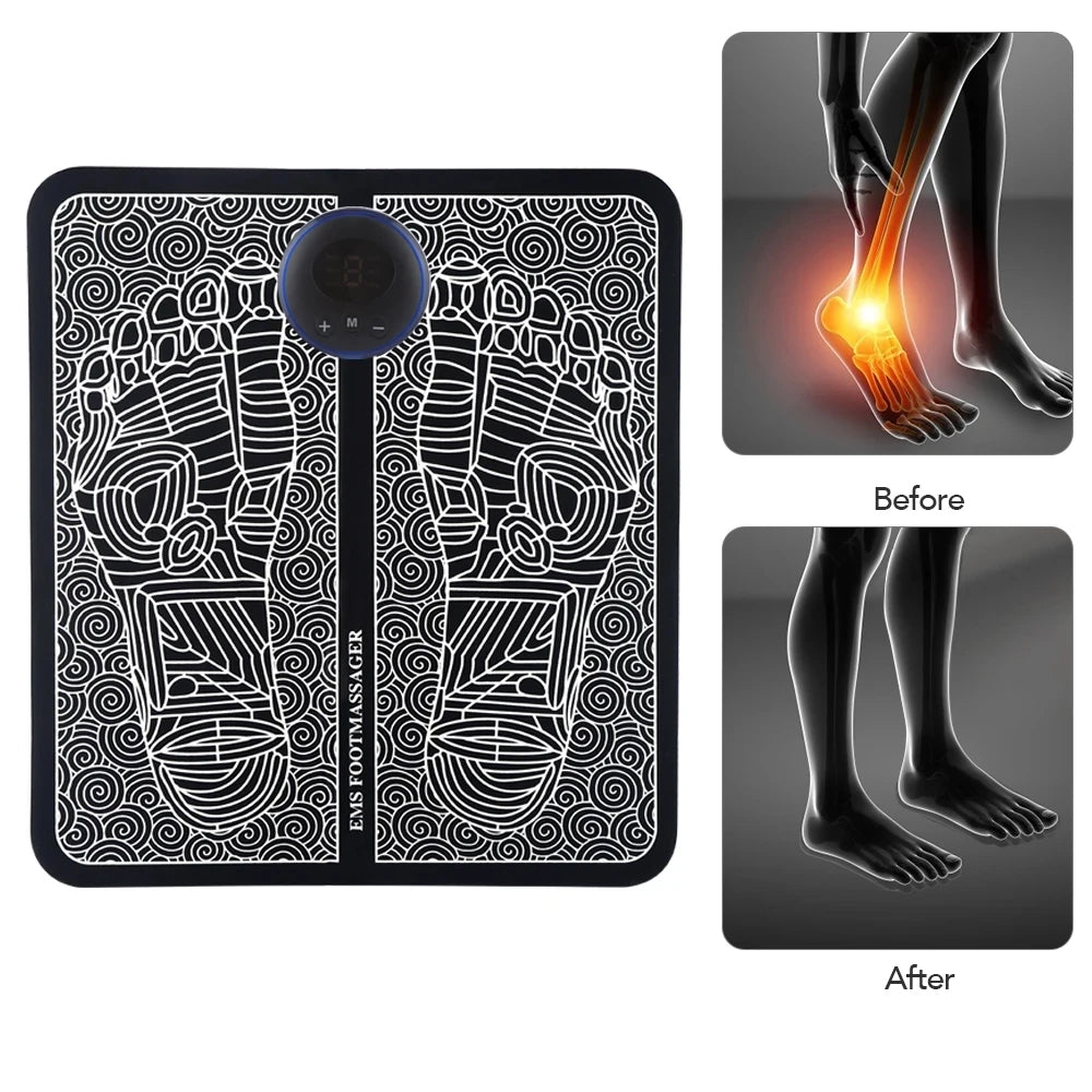 Black EMS electric foot massage mat with digital controller to relieve sore feet and improve circulation for home use.