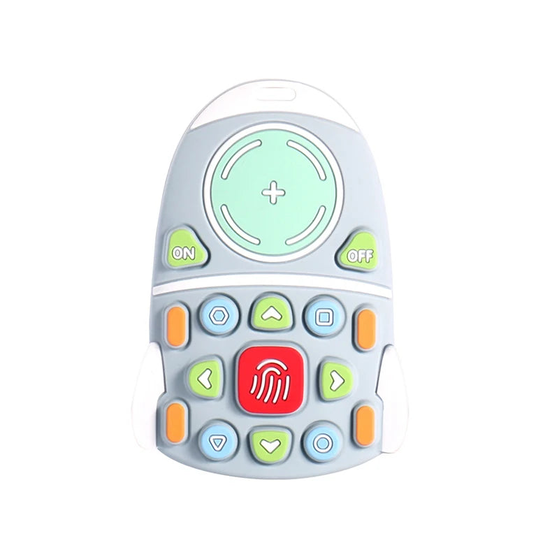 Multi-colored silicone teething toy remote for baby teething relief.
