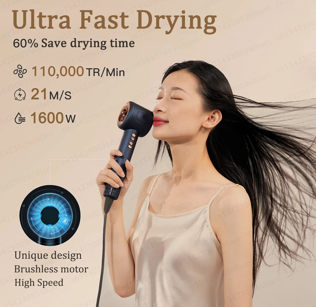 Blue leafless ionic hair dryer with 1600W brushless motor for ultra-fast, professional hair styling and drying.