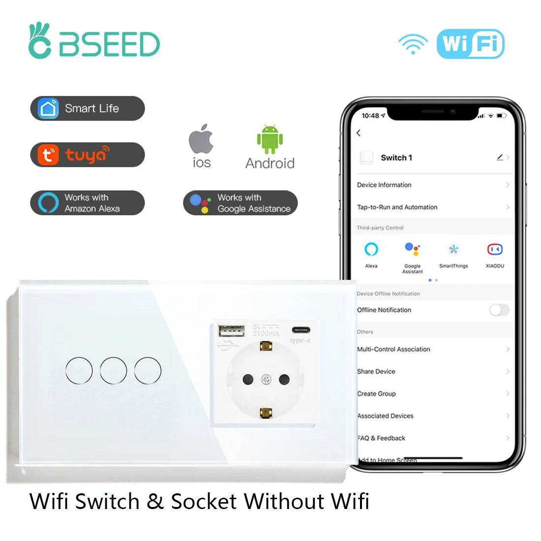 WiFi Smart Wall Switch with USB-C Port - Glass Panel Tidesmit 3Gang Type-C Socekt EU standard Tidesmit