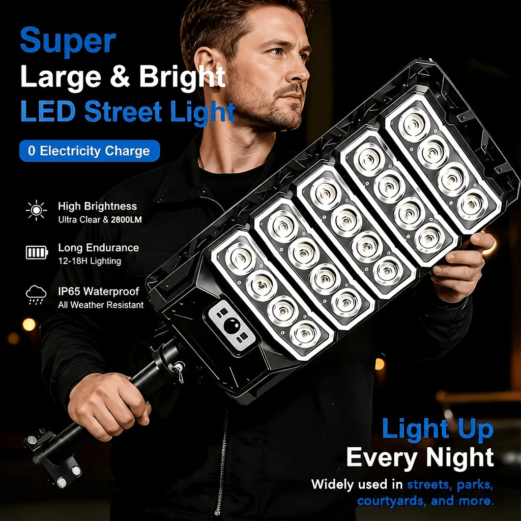 New Extra Large 1200 LED Solar Street Light, 5800Mah Battery. Solar-Powered, No Electricity Cost, IP65 Waterproof. PIR Motion Sensor Enables Auto Night Lighting. Serves As Searchlight, Security & Emergency Light. Great for Pa